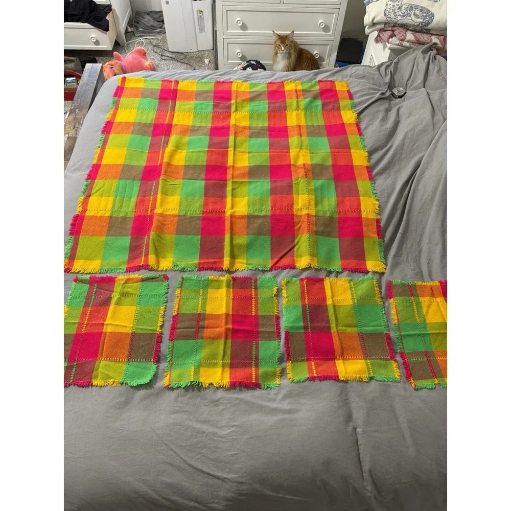Vintage Bright Colored Checked Tablecloth 43